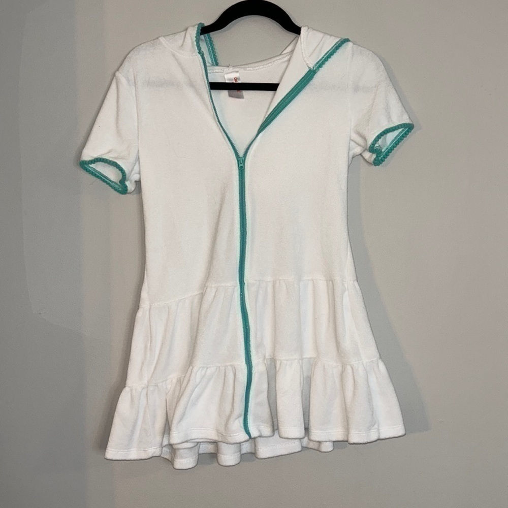 Cat & Jack White Beach Coverup with Teal Piping Size 10/12